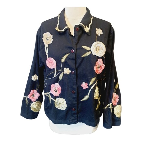 3D Embroidered Shirt Jacket Black Floral Vtg Y2K Tantrums Collection Art to Wear - Picture 1 of 13